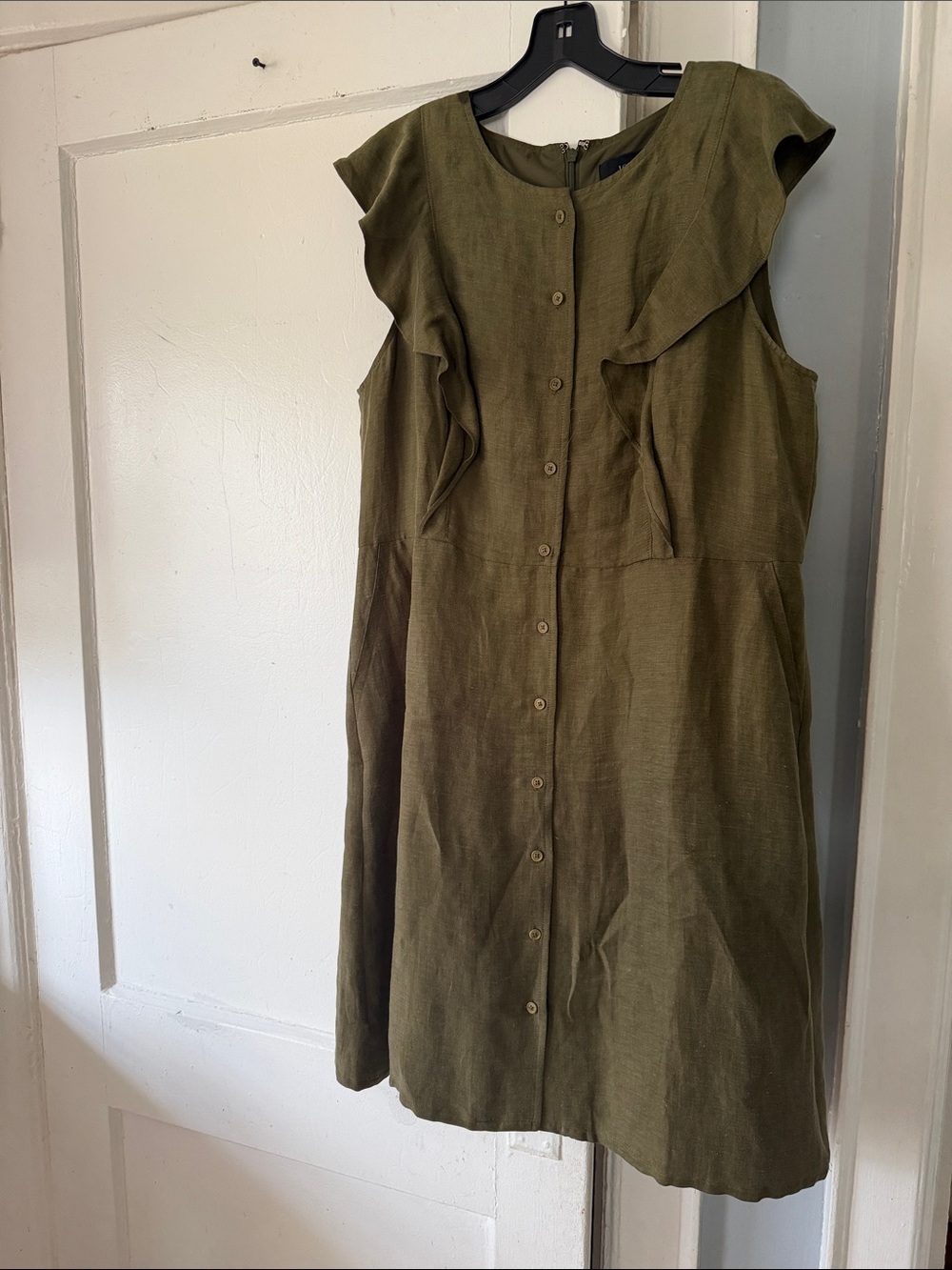 Sleeveless Olive Button-Front Ruffle Dress
